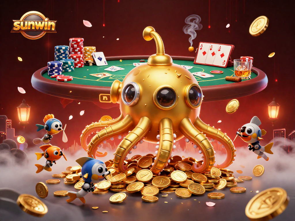 Experience thrilling gameplay with sunwin in this ultra-detailed 3D casino illustration featuring poker and golden treasures.