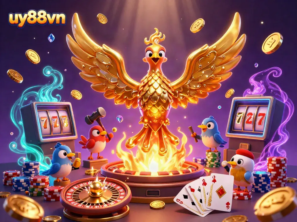 Play thrilling games at uy88vn with golden phoenix and casino elements in an energetic scene.