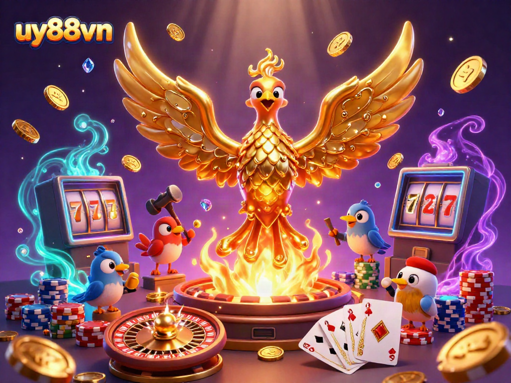 Play thrilling games at uy88vn with golden phoenix and casino elements in an energetic scene.