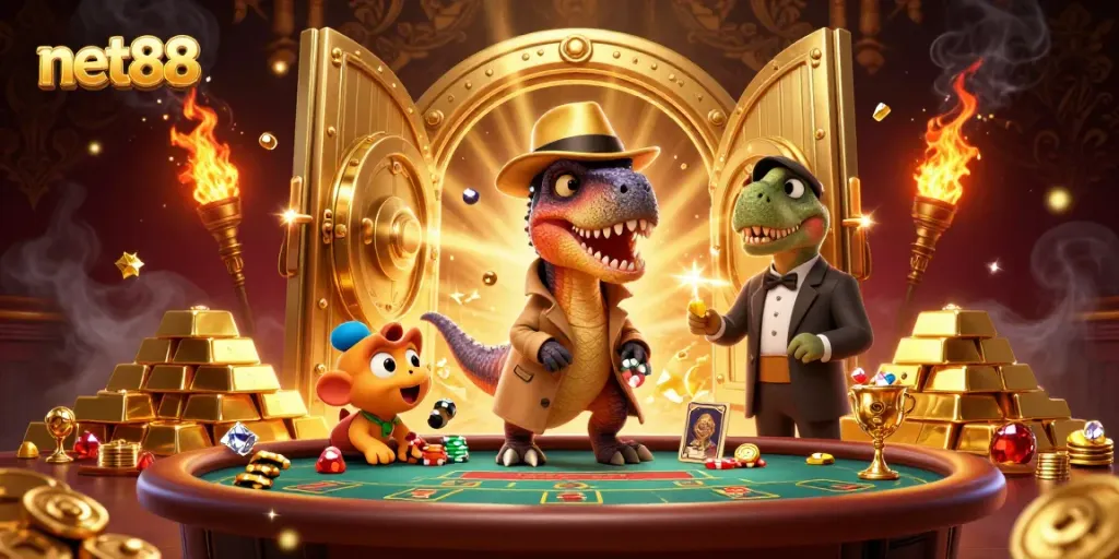Experience thrilling gaming moments with net88 in a vibrant 3D casino illustration showcasing dynamic characters and lavish elements.