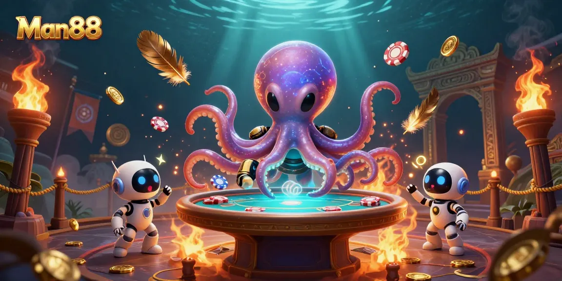 Experience thrilling gambling at Man88 with a vibrant scene of an alien octopus dealing poker.