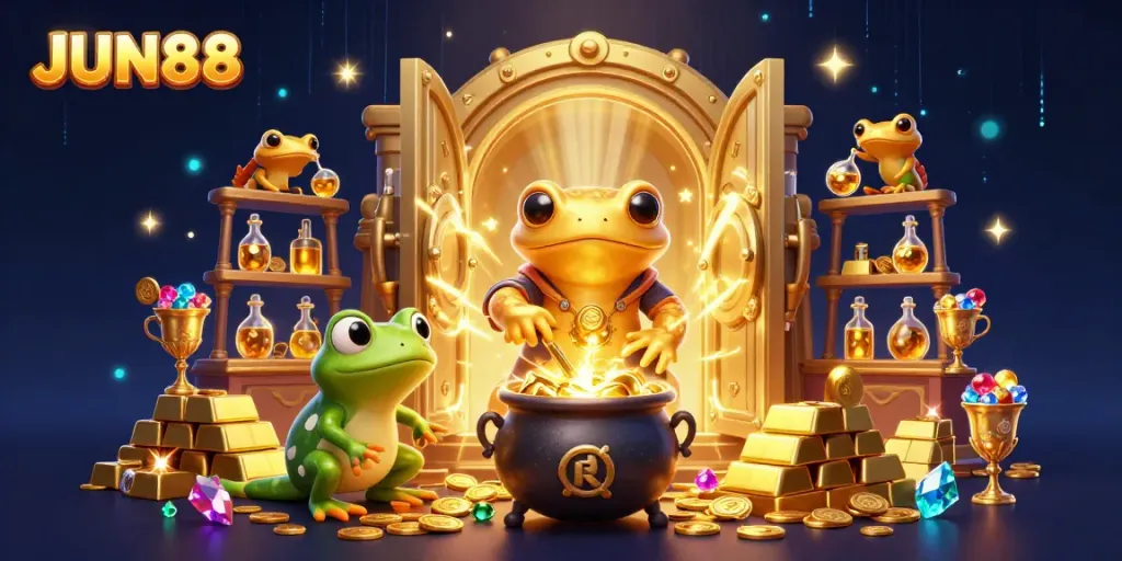 Experience the magic of JUN88 with enchanting golden treasures and alchemical wonders.