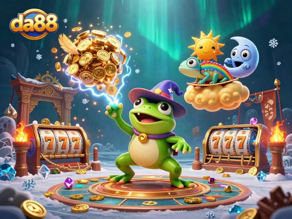 Experience thrilling gaming with da88, featuring a frog wizard creating a golden coin storm among vibrant casino elements.