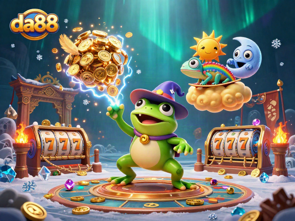 Experience thrilling gaming with da88, featuring a frog wizard creating a golden coin storm among vibrant casino elements.