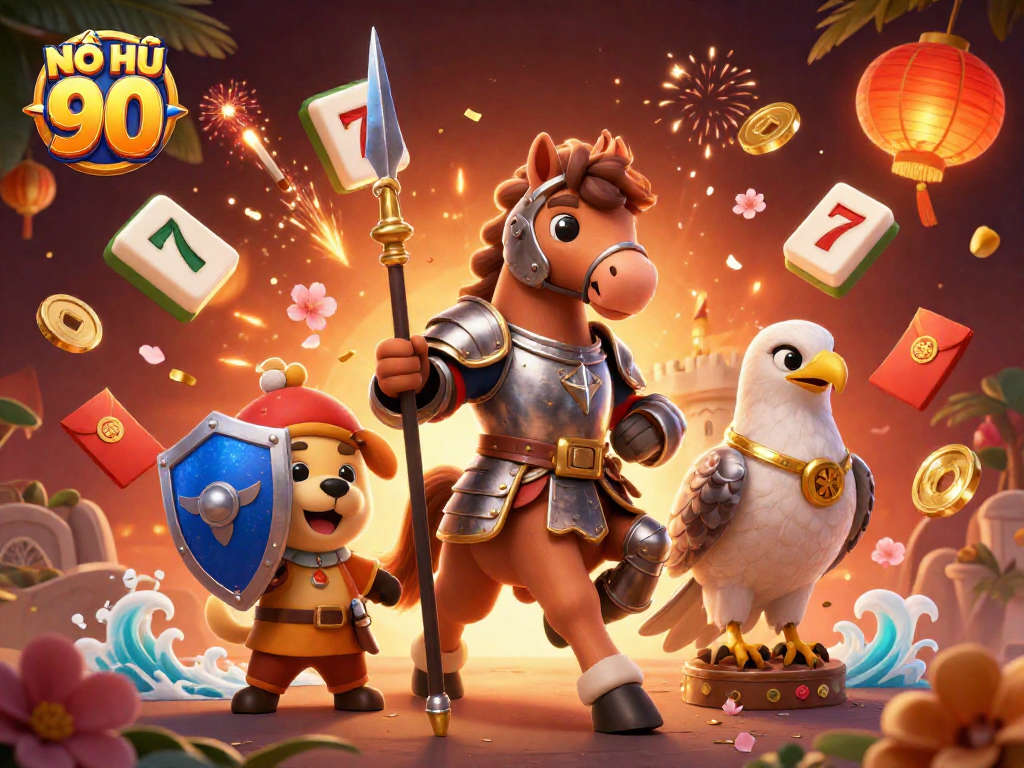 NỔ HŨ 90 brings excitement with knights, treasures, and thrilling jackpot action in a vibrant 3D casino scene.