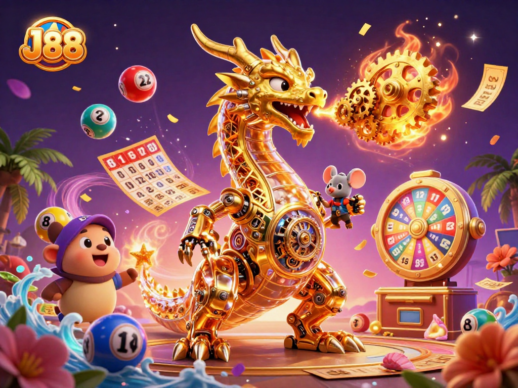 Engage with J88's thrilling gambling experience featuring a dynamic golden dragon amidst vibrant lottery elements.