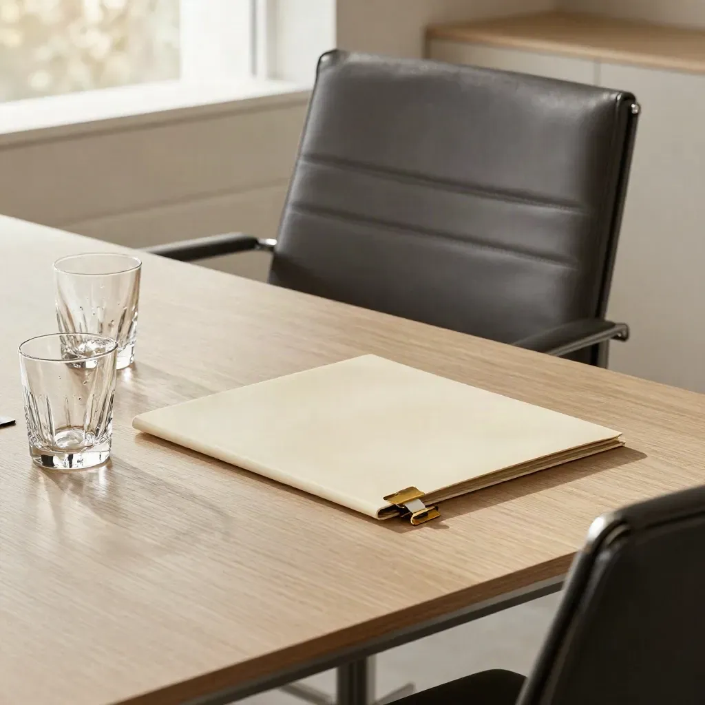 Empty boardroom chair, closed call folder, two tumblers and brass clip in bright window light.
