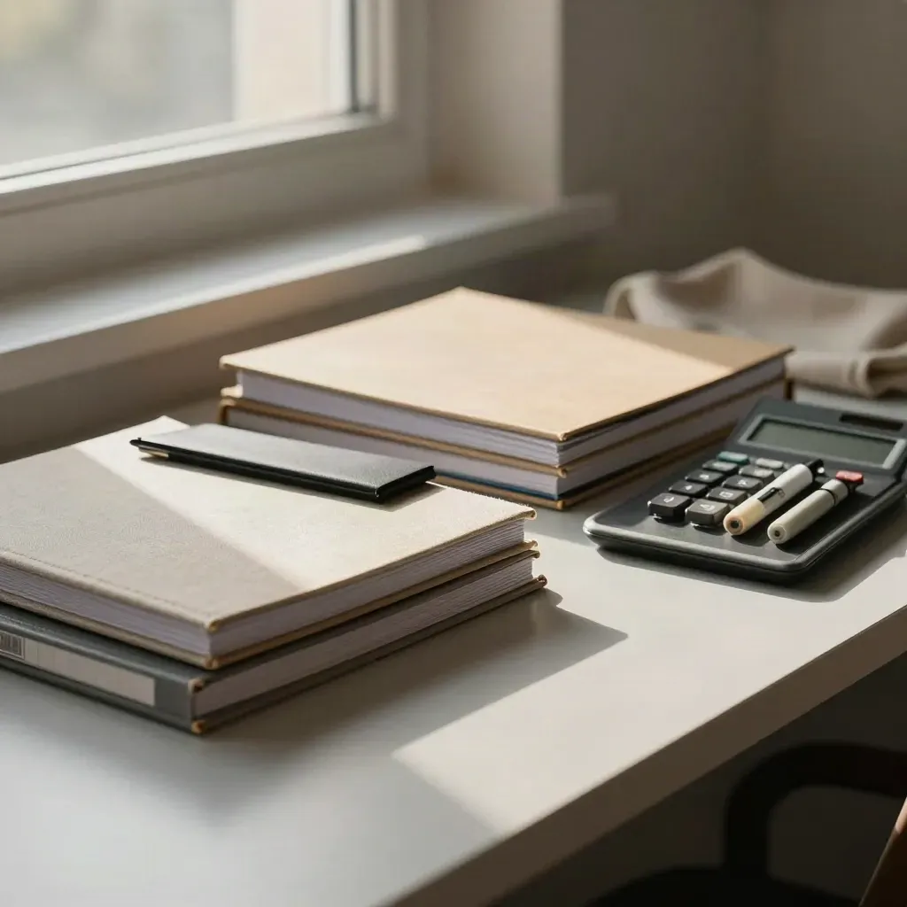 Binders, calculator and stone markers on a cool ash desk in window light.