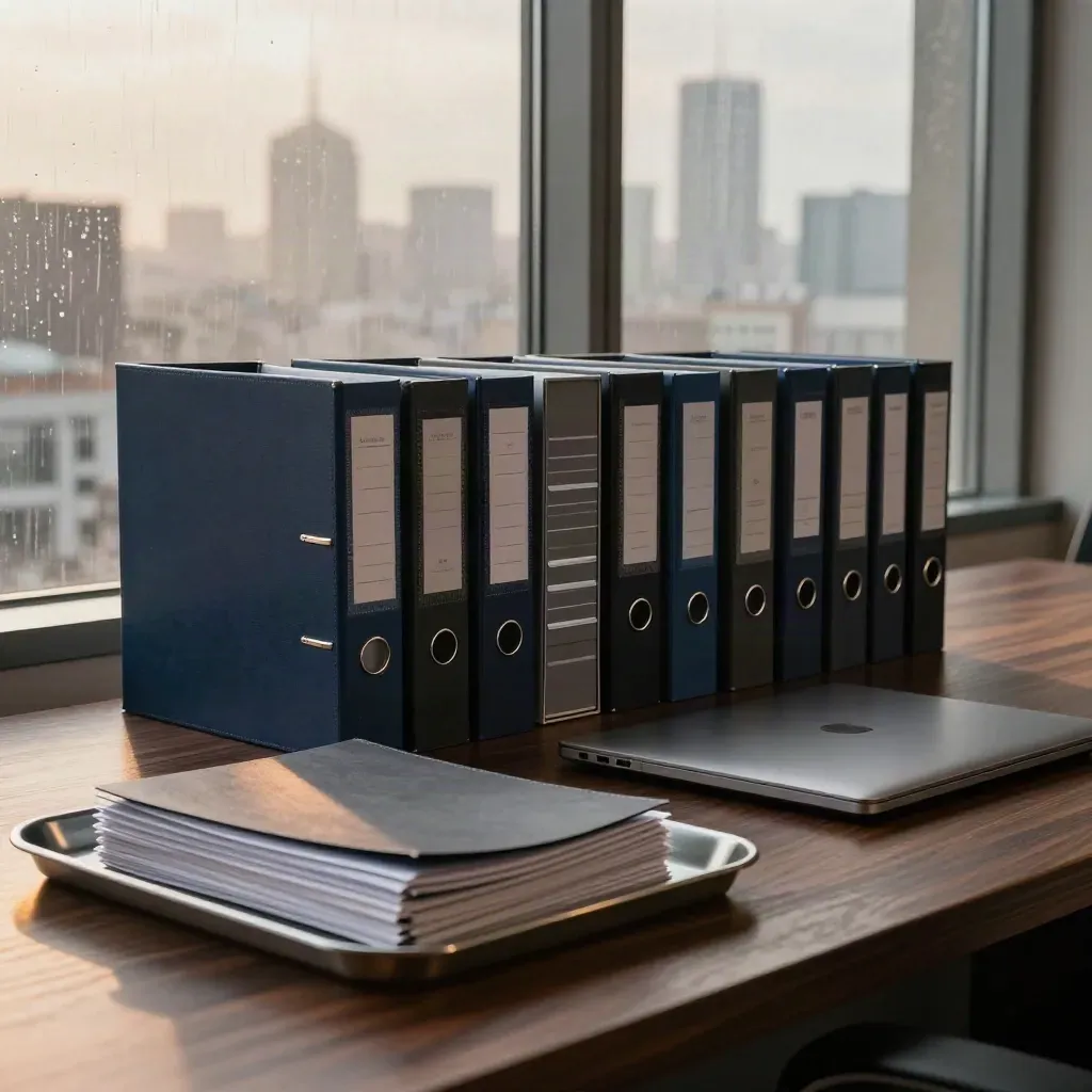 Navy binders and a shut laptop beside a ribbed tray in rain-lit office haze.