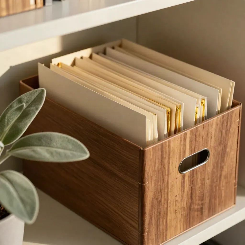 Top-down archive box with clipped sleeves and a small plant on a pale shelf in soft daylight.