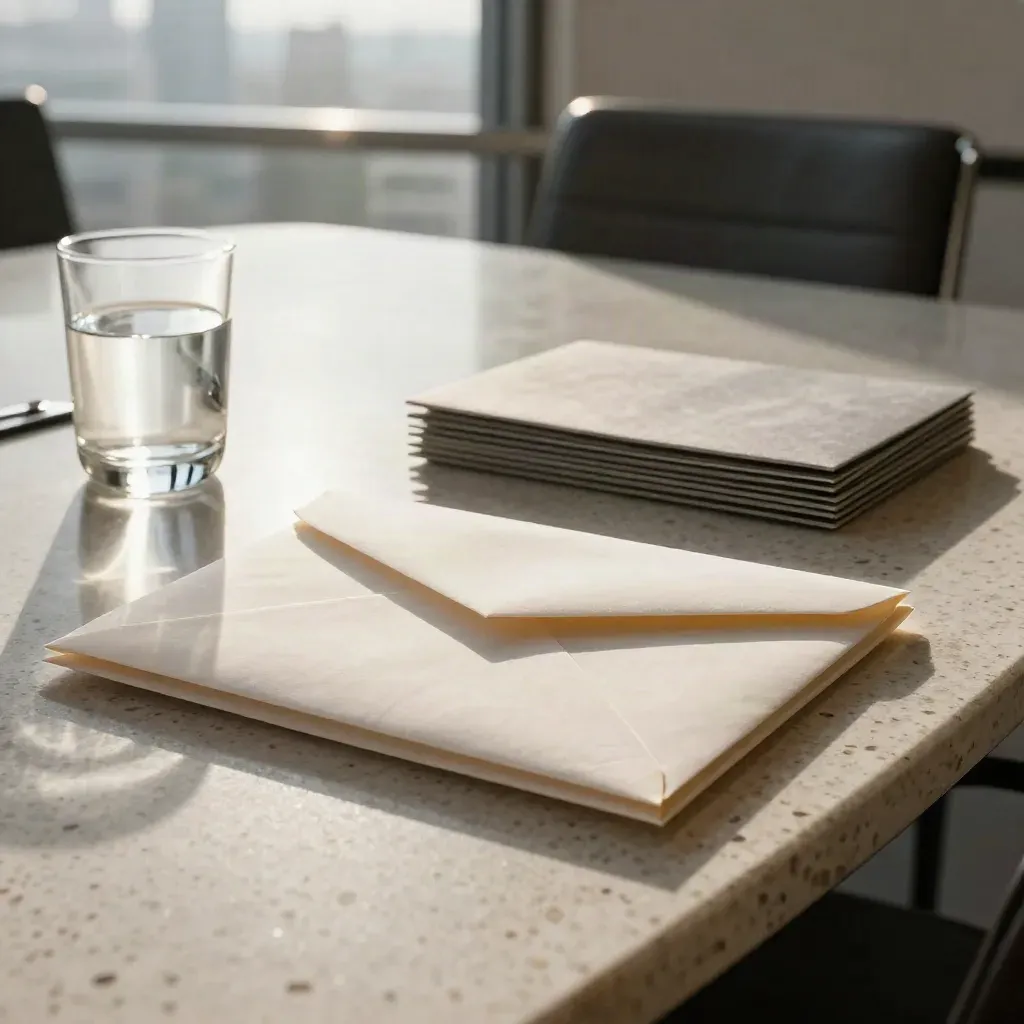 Closed capital-call envelope and board sleeves beside water glasses on a cleared conference table.