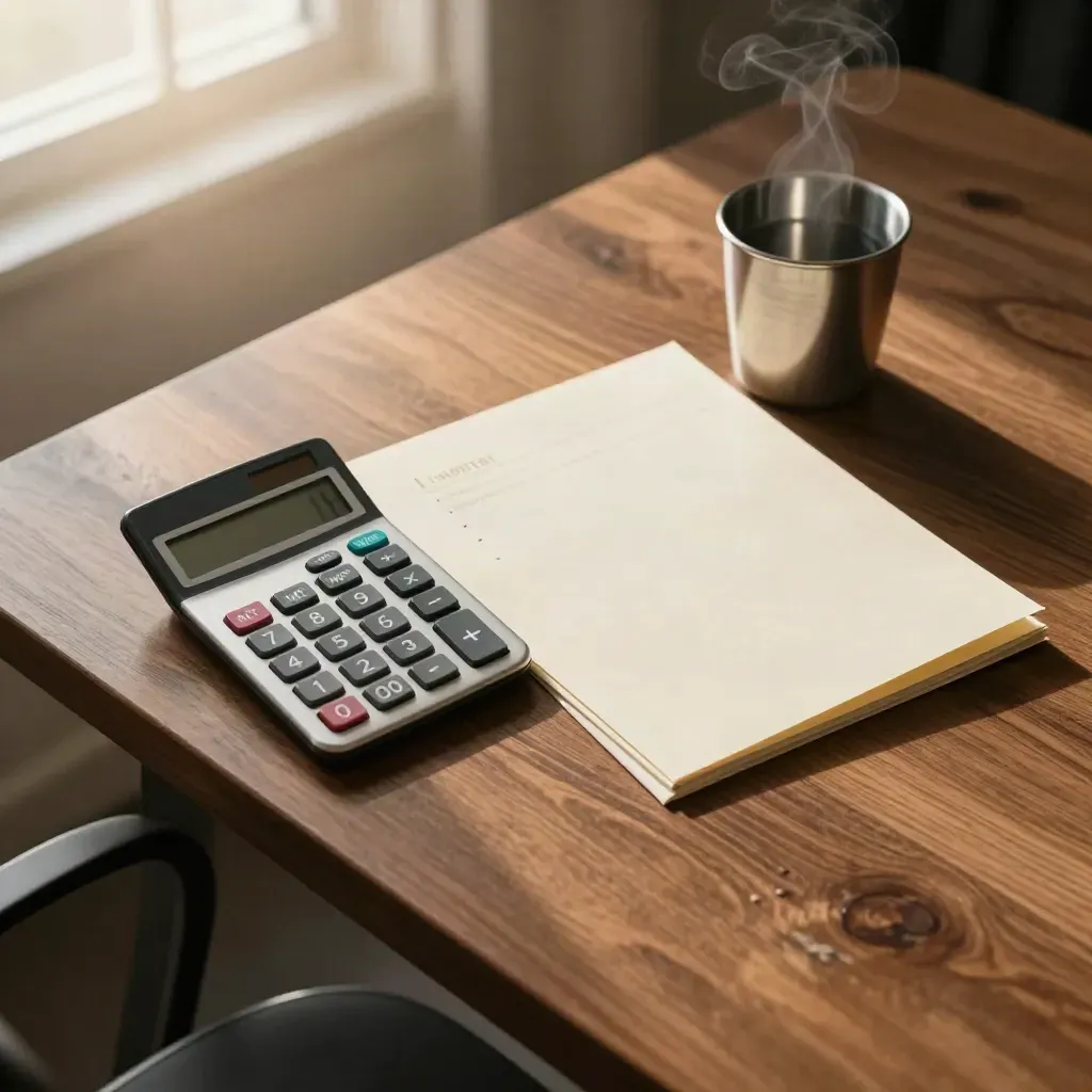 Top-down close-up of a calculator, face-down folder and steel cup on a walnut table in hazy light.
