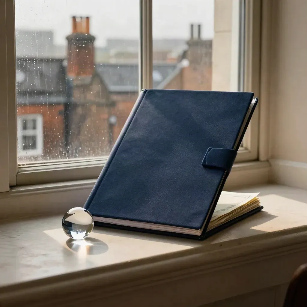 Closed finance folder and glass paperweight on a London ledge, rooftops blurred behind after rain