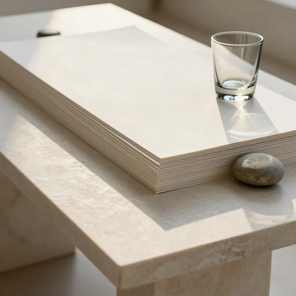 Face-down board pack regrouped beside a stone weight and glass tumbler on a white table.