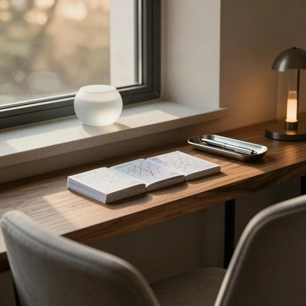 Folded cards, pen tray, and paperweight beside a window in a quiet finance office.