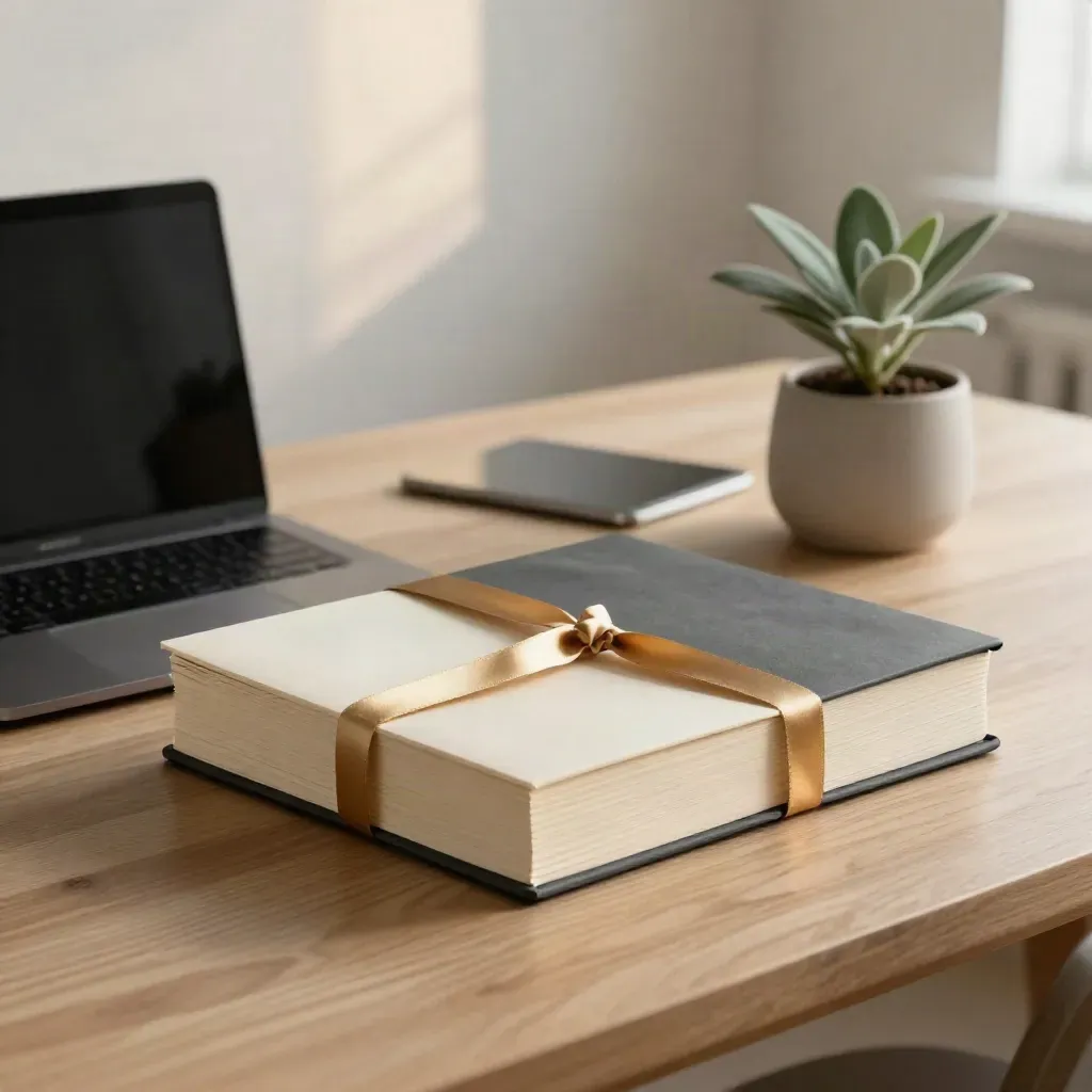 Investor update bundle beside a closed laptop and small plant on a pale oak table in evening light
