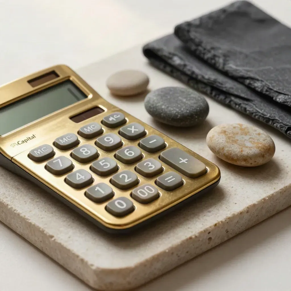 Brass calculator with three river stones and slate cloth on a stone tray
