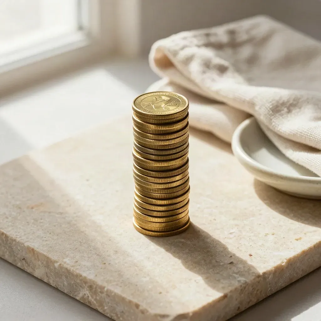 Overhead brass coin tower, gold coin, linen cloth and ceramic dish on pale stone.