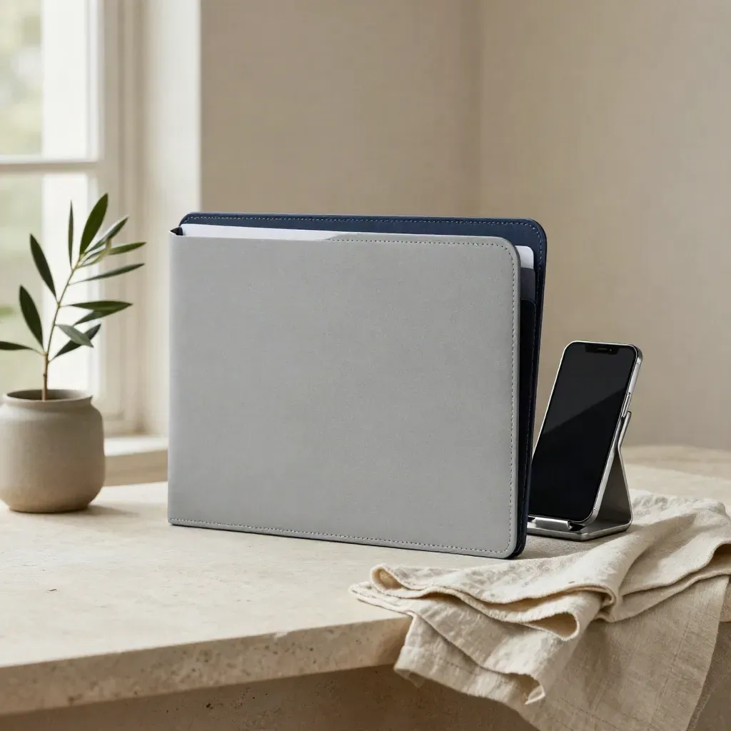 Slim folder, docked phone and olive plant on a stone console in soft window light.
