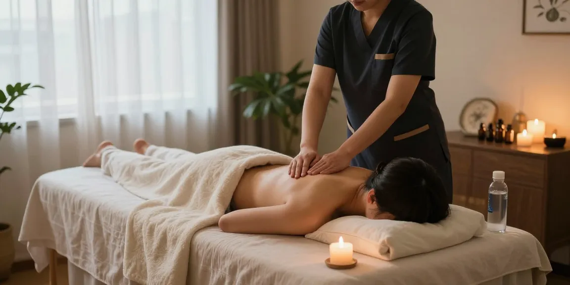 Experience ultimate relaxation with 구로출장안마 at home, featuring a therapist in a cozy massage setting with soft lighting and calming ambiance.