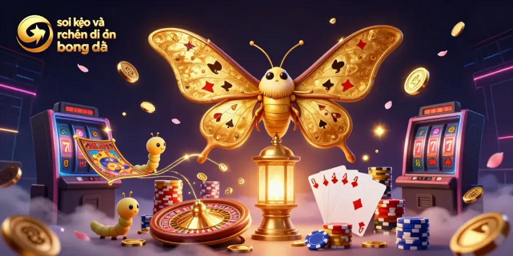 Soi kèo và nhận định bóng đá illustration featuring a majestic moth and casino elements illustrating the excitement of sports betting.