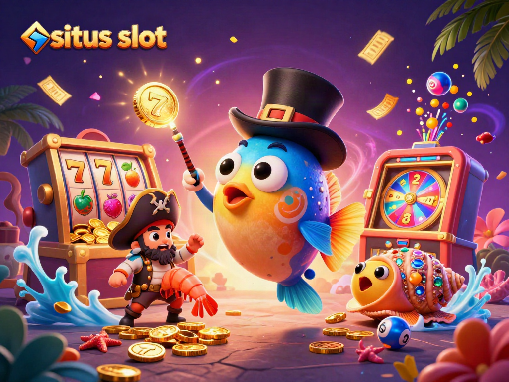Engage with situs slot through this vibrant 3D illustration featuring a deep-sea anglerfish attracting golden coins, enhancing the excitement of online gambling.