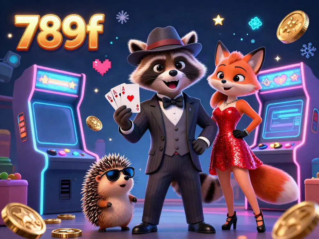 Experience thrilling moments at 789f with a raccoon holding a royal flush, supported by dynamic casino elements.