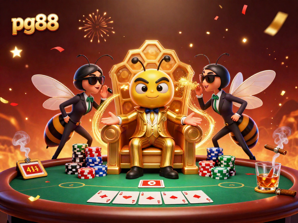 Play at pg88 with a cartoon bee mob boss and wasp bodyguards at a vibrant poker table scene.