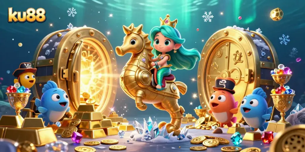 Win big with ku88 in a vibrant 3D underwater casino adventure featuring a mermaid and seahorse.