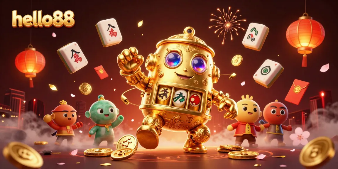 Experience thrilling games at hello88 with a golden golem surrounded by casino elements.