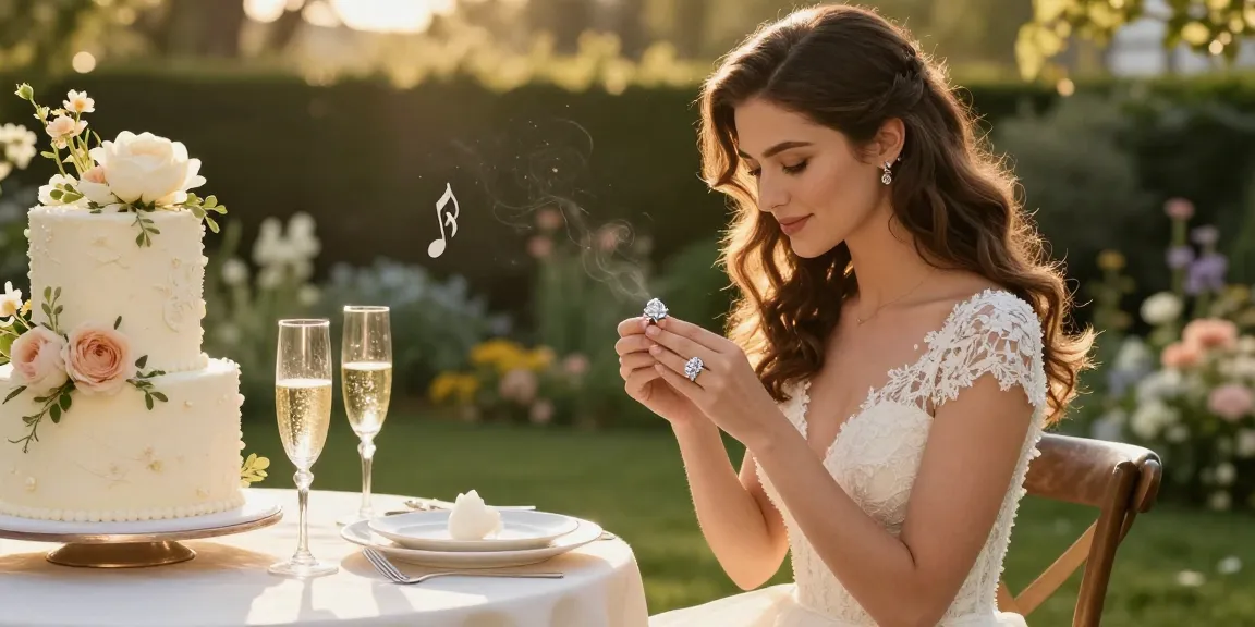 Luxury engagement rings online showcased in a romantic outdoor setting with a bride admiring her sparkling ring amidst floral decorations.