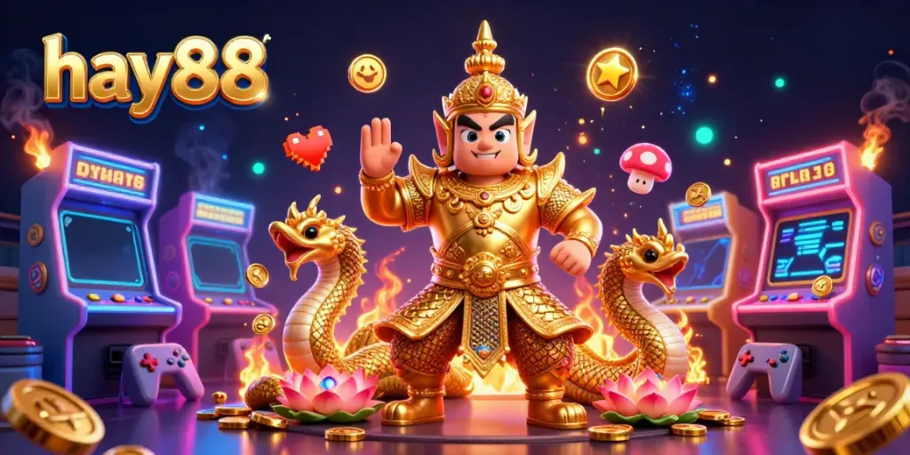 Experience thrilling gameplay at hay88 with a guardian and Naga in a vibrant casino scene.