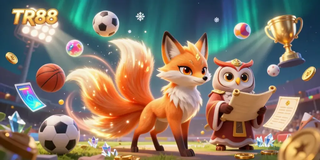 Experience the excitement of TR88 through a vibrant illustration of a mystical fox spirit amidst dynamic sports betting elements.