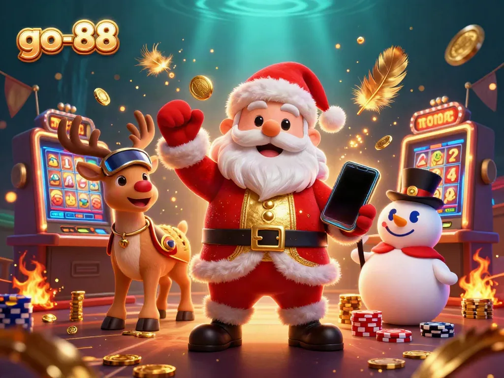 Join the excitement with go-88; Santa, his reindeer dealer, and a snowman celebrate jackpot wins in a vibrant casino scene.