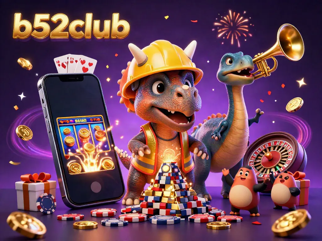 Engage in thrilling gameplay with b52club's vibrant 3D casino illustration featuring celebratory characters.