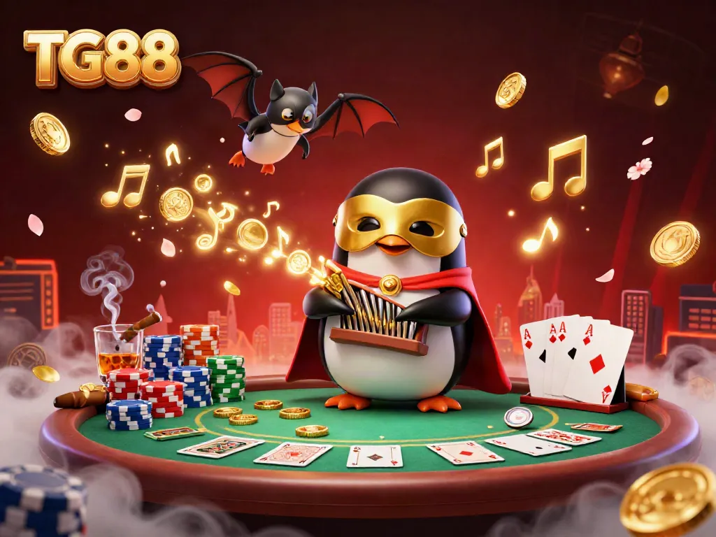 Experience the vibrant action of TG88 with a 3D cartoon penguin and acrobat in a lively casino scene.