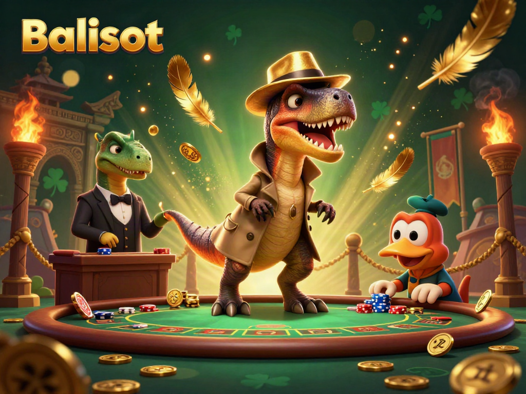 Balislot showcases a playful scene with a velociraptor card counter at a blackjack table filled with excitement and energy.