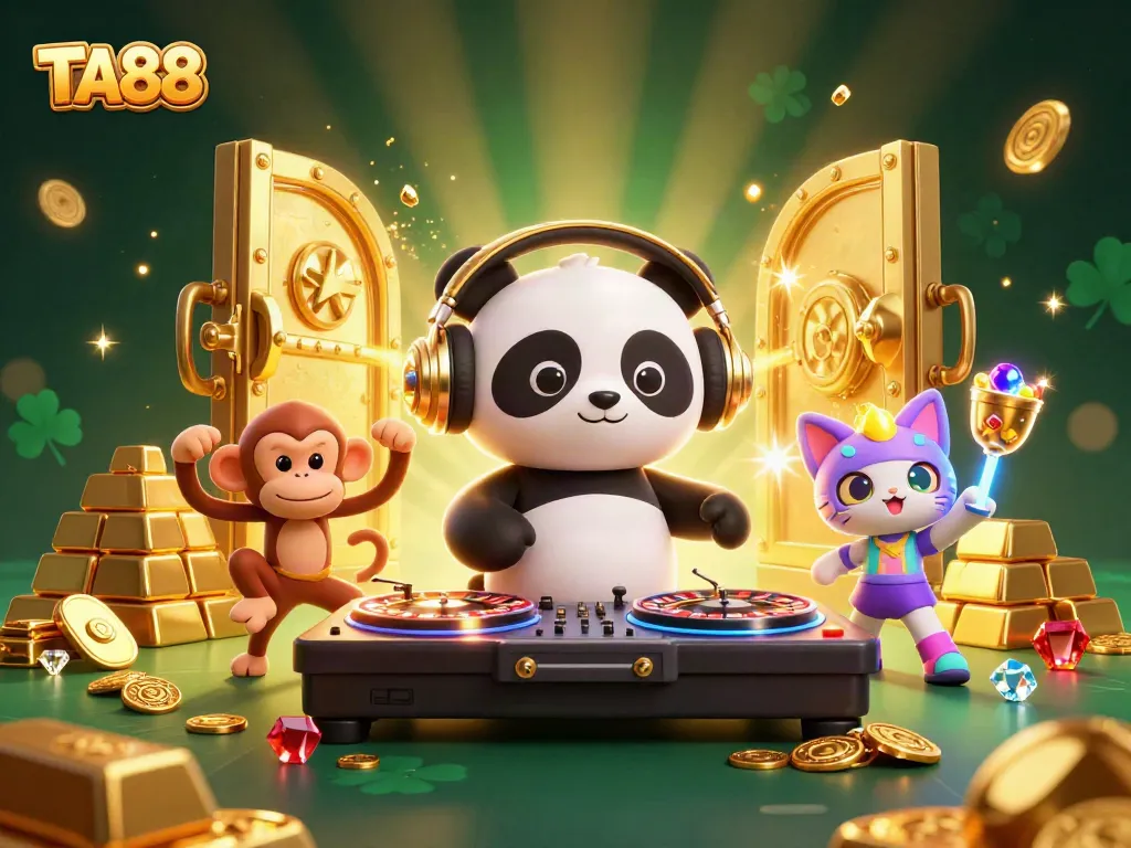 Join the TA88 excitement with a DJ panda, breaking monkey, and dancing kitten in a vibrant casino scene.