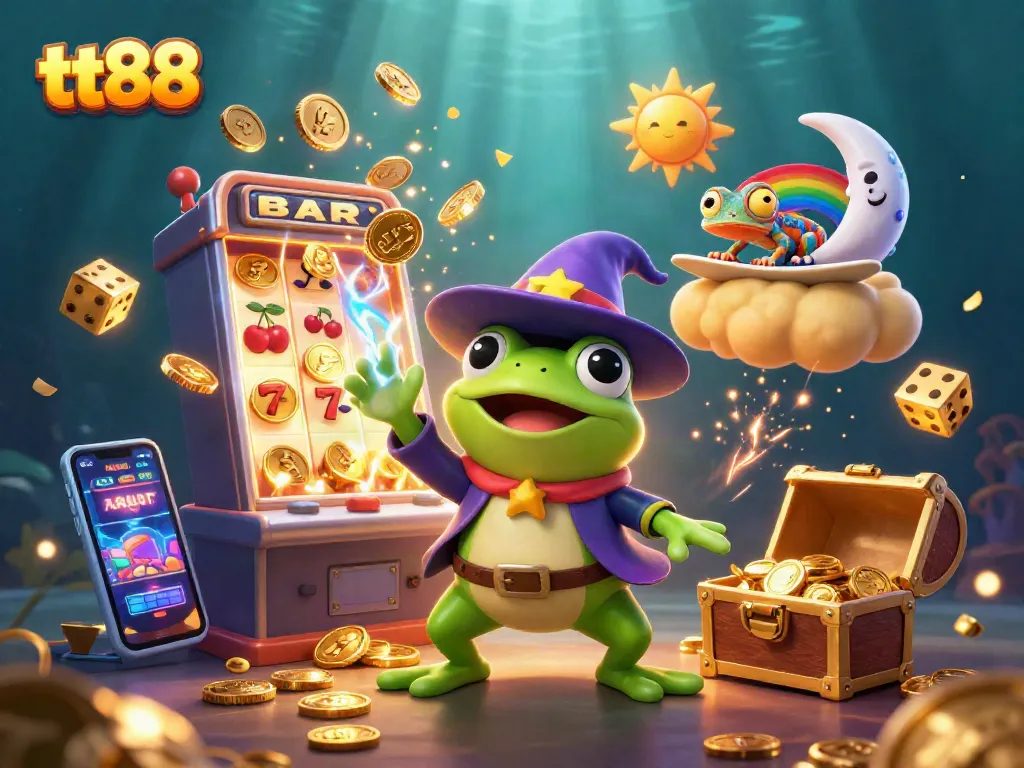 Experience the thrill of winning jackpots at tt88 with a vibrant casino illustration featuring dynamic characters and rich game symbols.