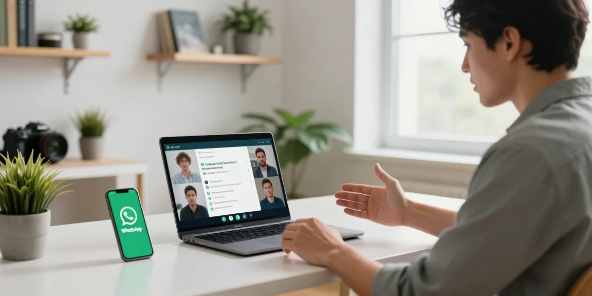 WhatsApp下載 interface discussion in a modern home office.