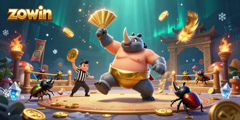 Experience the excitement of zowin gaming with a powerful rhinoceros beetle sumo champion taking center stage in a vibrant casino illustration.