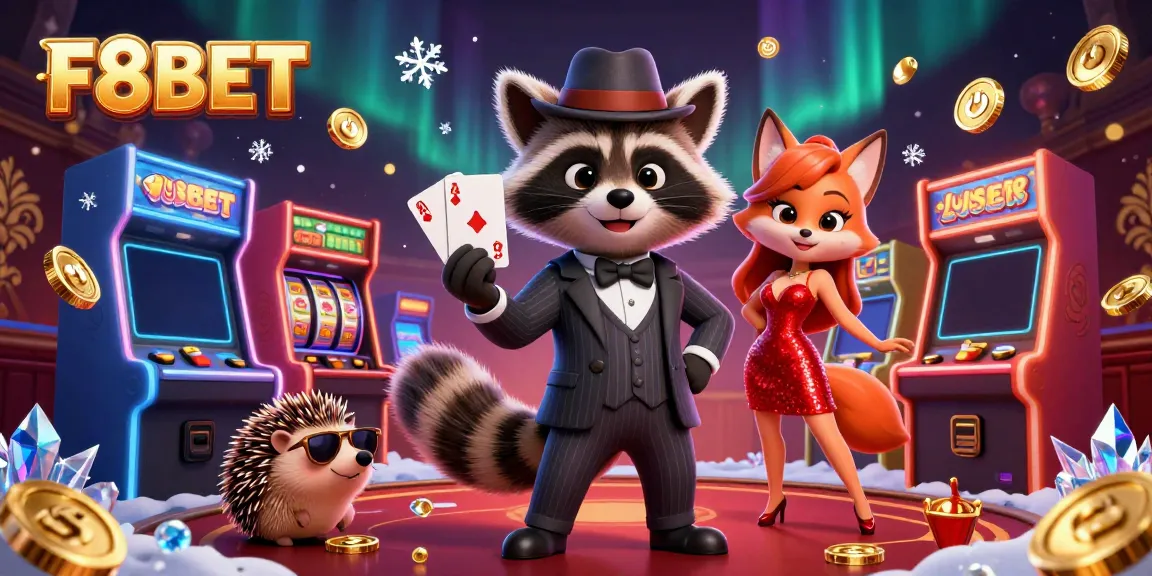Experience excitement with F8BET, in a vibrant casino scene featuring a raccoon, fox lady, and hedgehog.