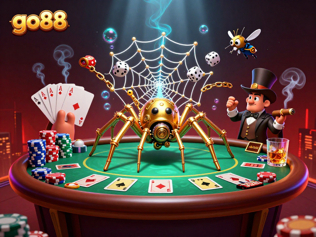 Experience excitement with the go88 steampunk spider constraining dice in its web at a vibrant casino setup.