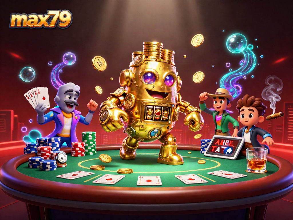 Experience the excitement of max79 with a stunning golem made of gold coins and poker elements in a vibrant 3D scene.