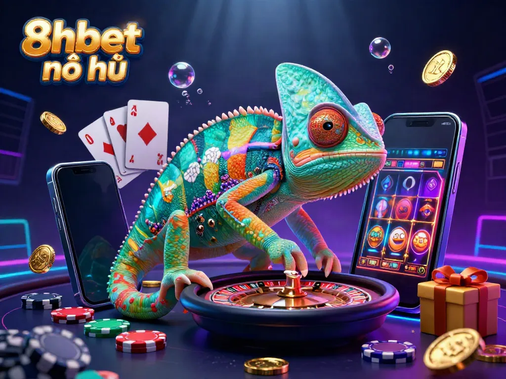 Win big with 8xbet nổ hũ as the chameleon casino owner watches spinning slots and card games.