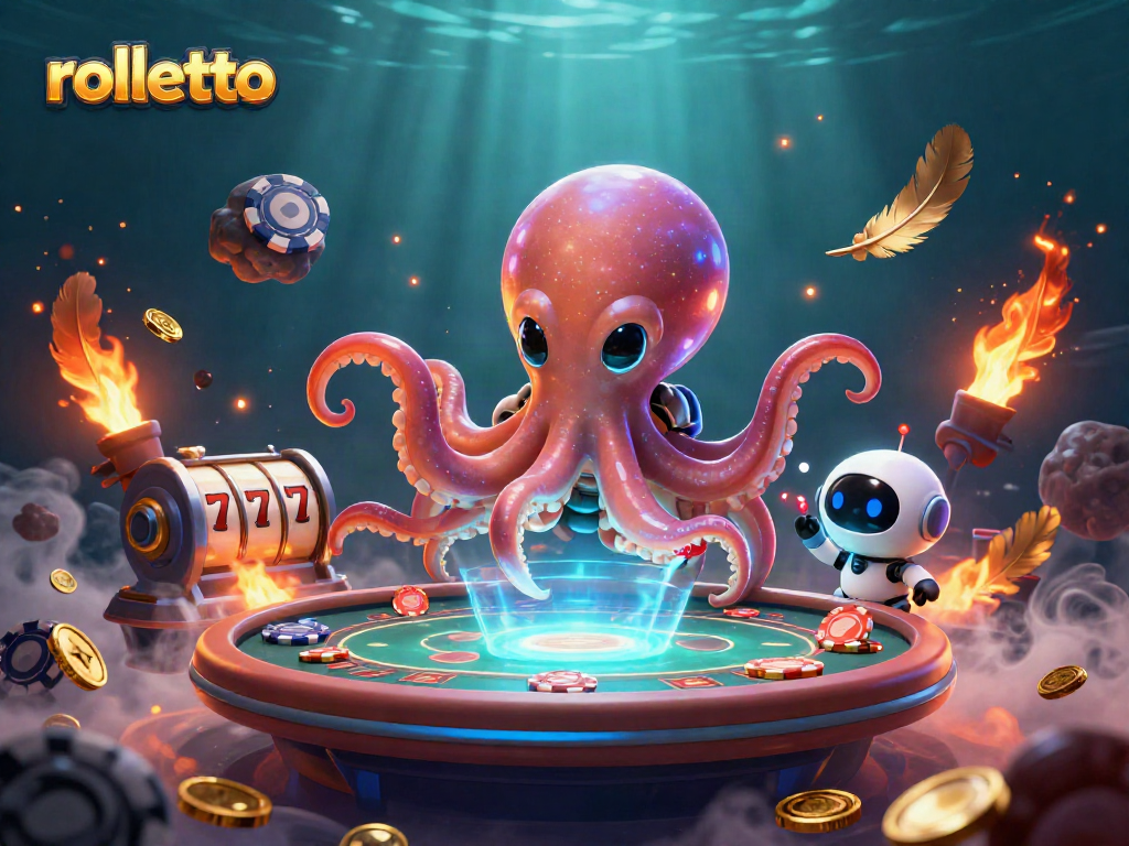 Experience thrilling rolletto gameplay with a cosmic alien octopus at a vibrant poker table.