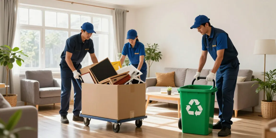 Efficient house clearance service professionals clearing clutter from a bright living room.