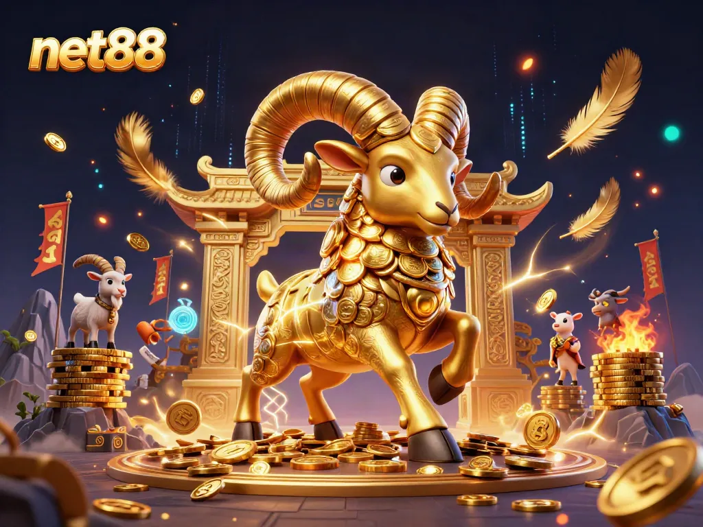 Experience the thrill of net88 with golden ram charging at a temple gate in a vibrant casino scene.