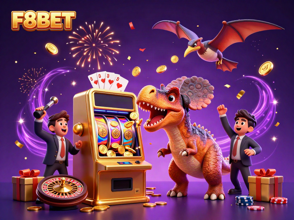 F8BET features a jubilant scene with cartoon dinosaurs celebrating a jackpot win at a vibrant casino.
