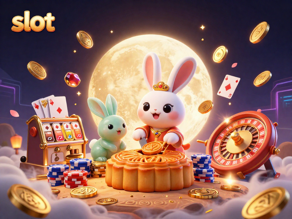 Experience thrilling slot action with a cartoon moon rabbit revealing poker chips amidst golden treasures.